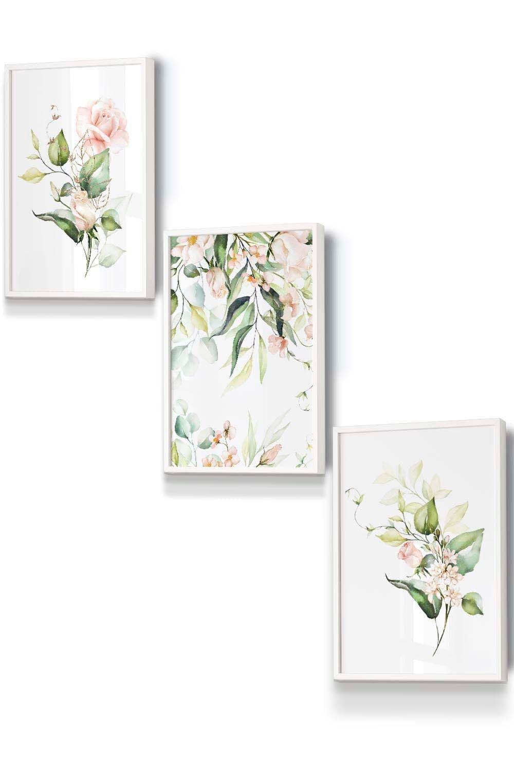 Set of 3 White Framed Pink Watercolour Rose Bouquets Wall Art